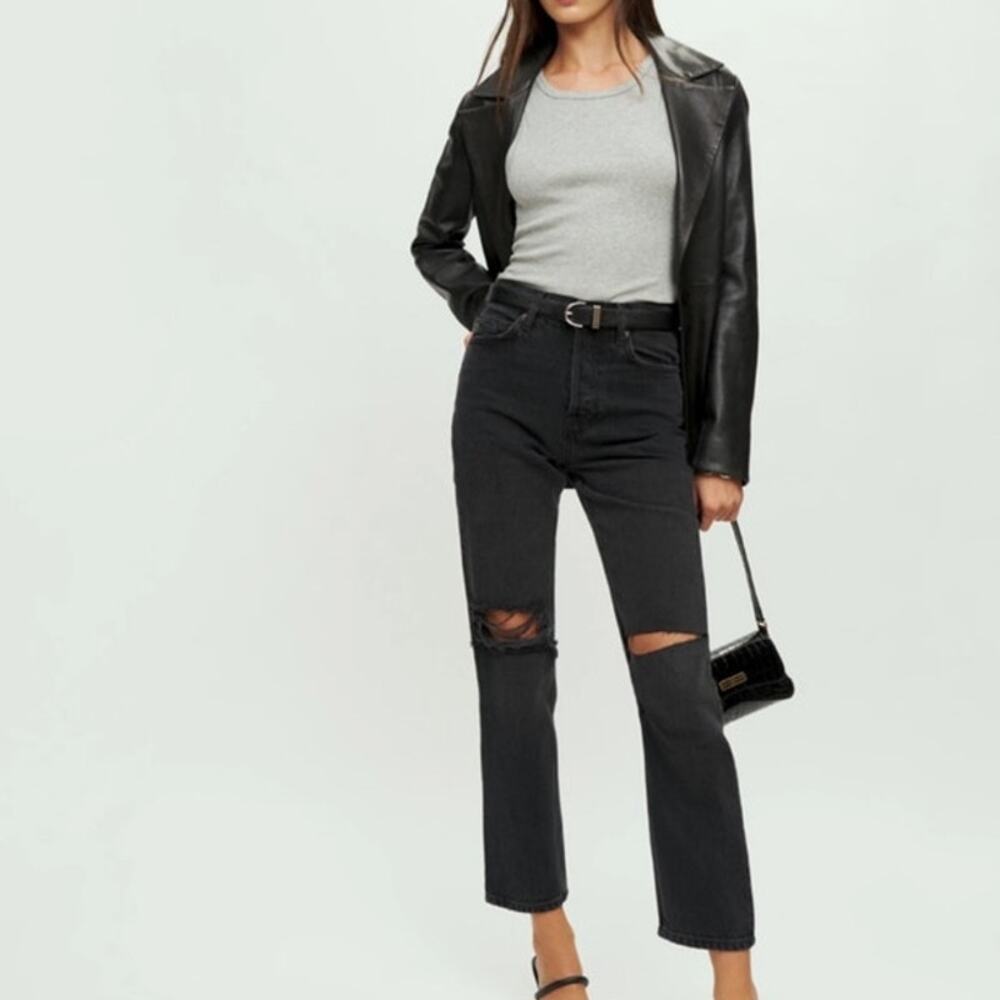 Reformation Cynthia High Rise Straight Jeans Destroyed Black Lagoon Size 26